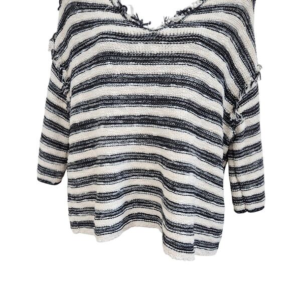Free People Spells Trouble Stripe Pullover Sweater 3/4 Sleeve Ivory Black Small - Picture 4 of 11